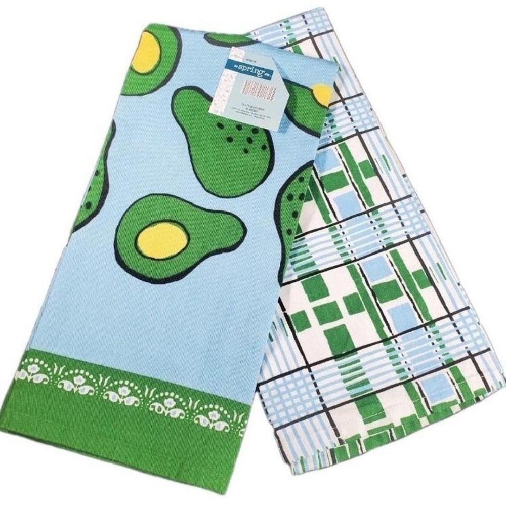 Kitchen Tea Towel Set AVOCADOS / PLAID Green Blue,‎ Large 19"x27" 2-Pack